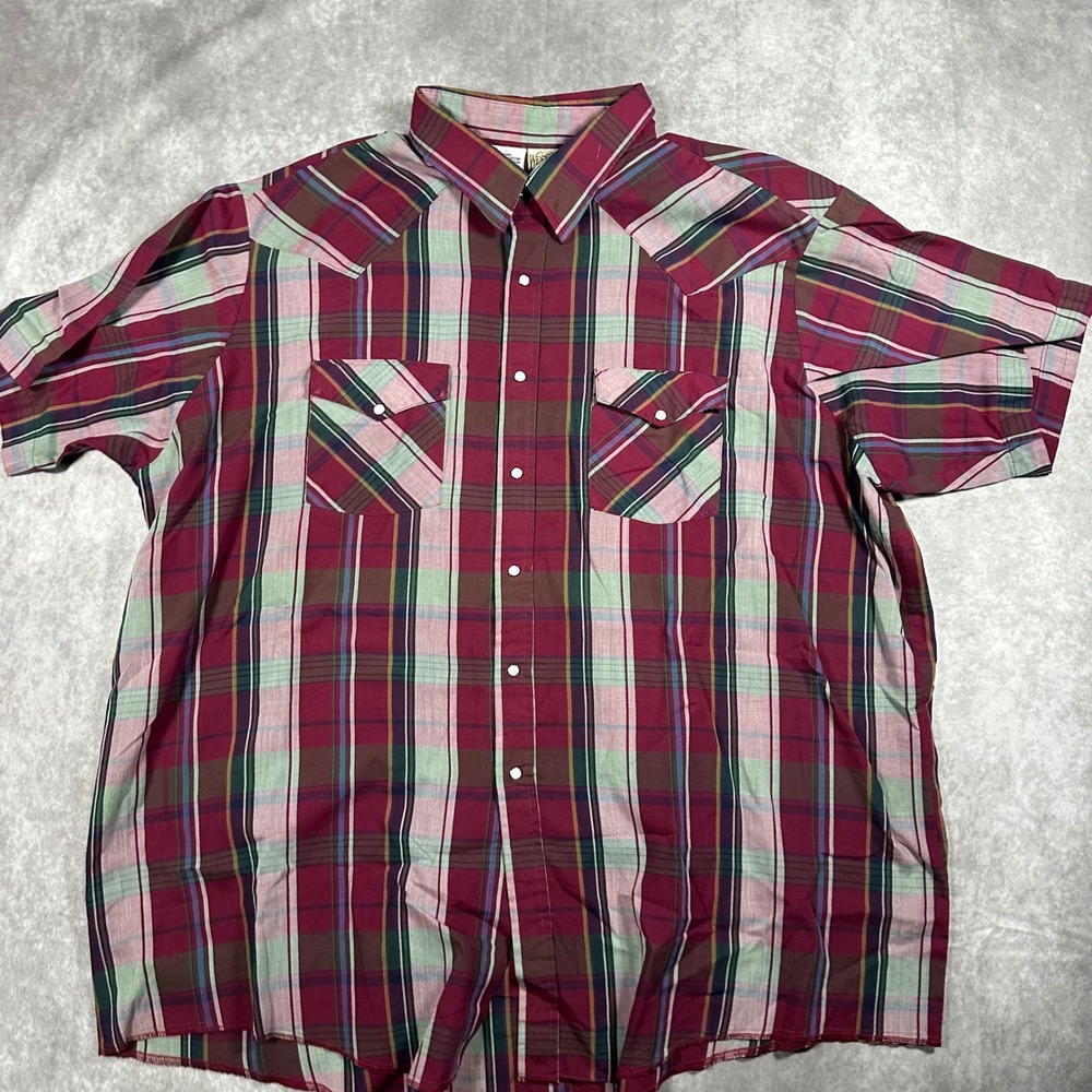 VTG Western Frontier Men 3X Plaid Short Sleeve Pearl Snap Western Shirt Burgundy
